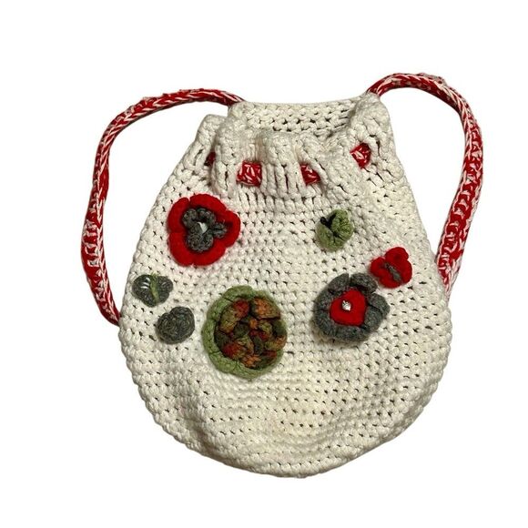 Crochet backpack Vintage Floral Applique Rosettes cream multicolor farm boho main image 9